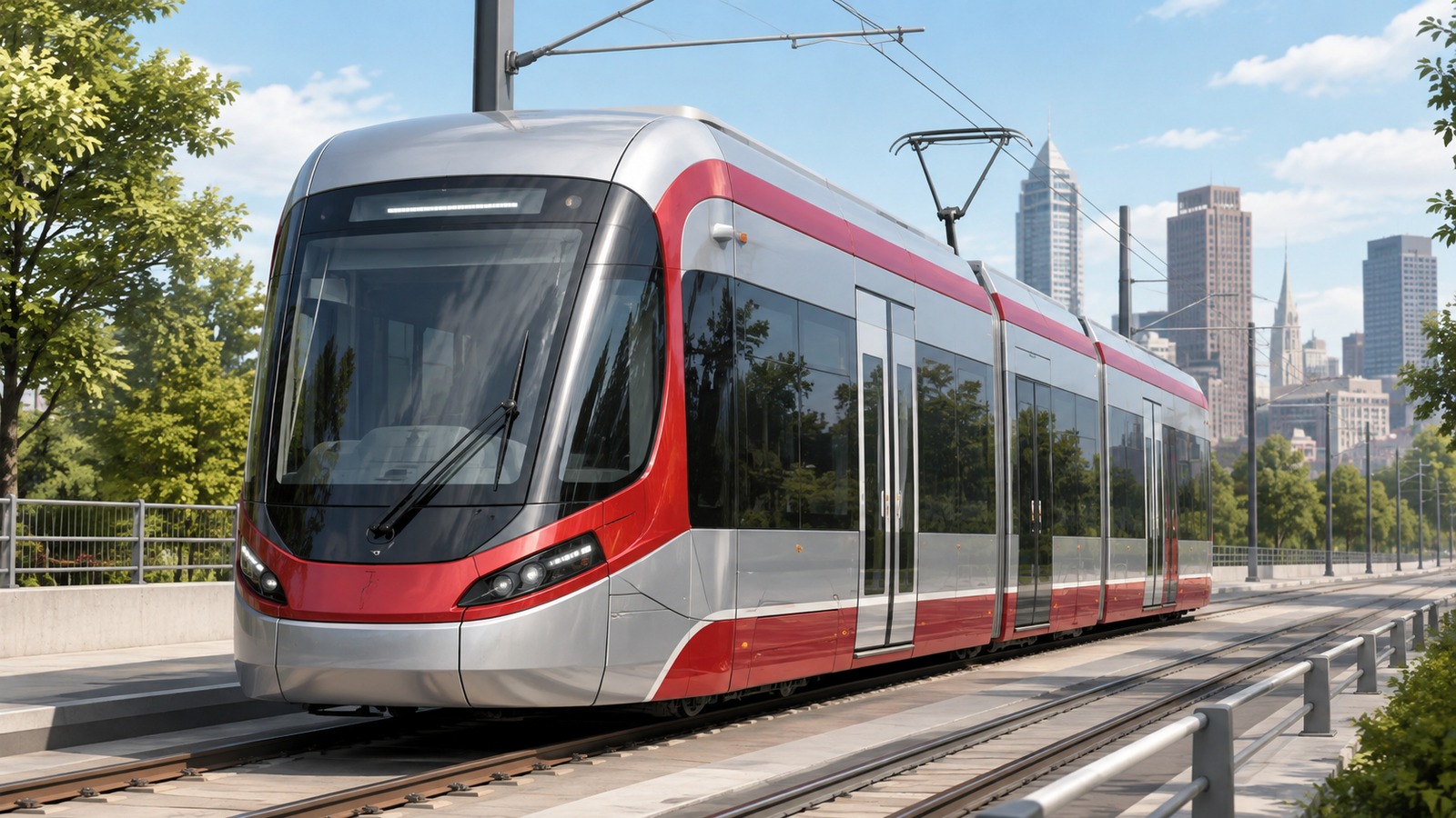 Original editorial illustration of an unbranded modern light rail vehicle on an urban rail corridor