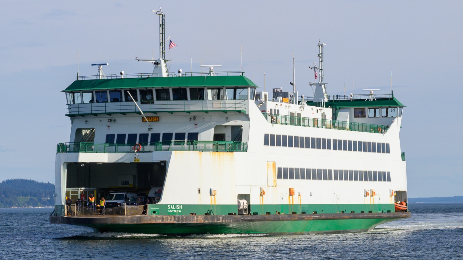 Washington State Ferries vessel MV Salish approaching Coupeville with the vehicle deck open