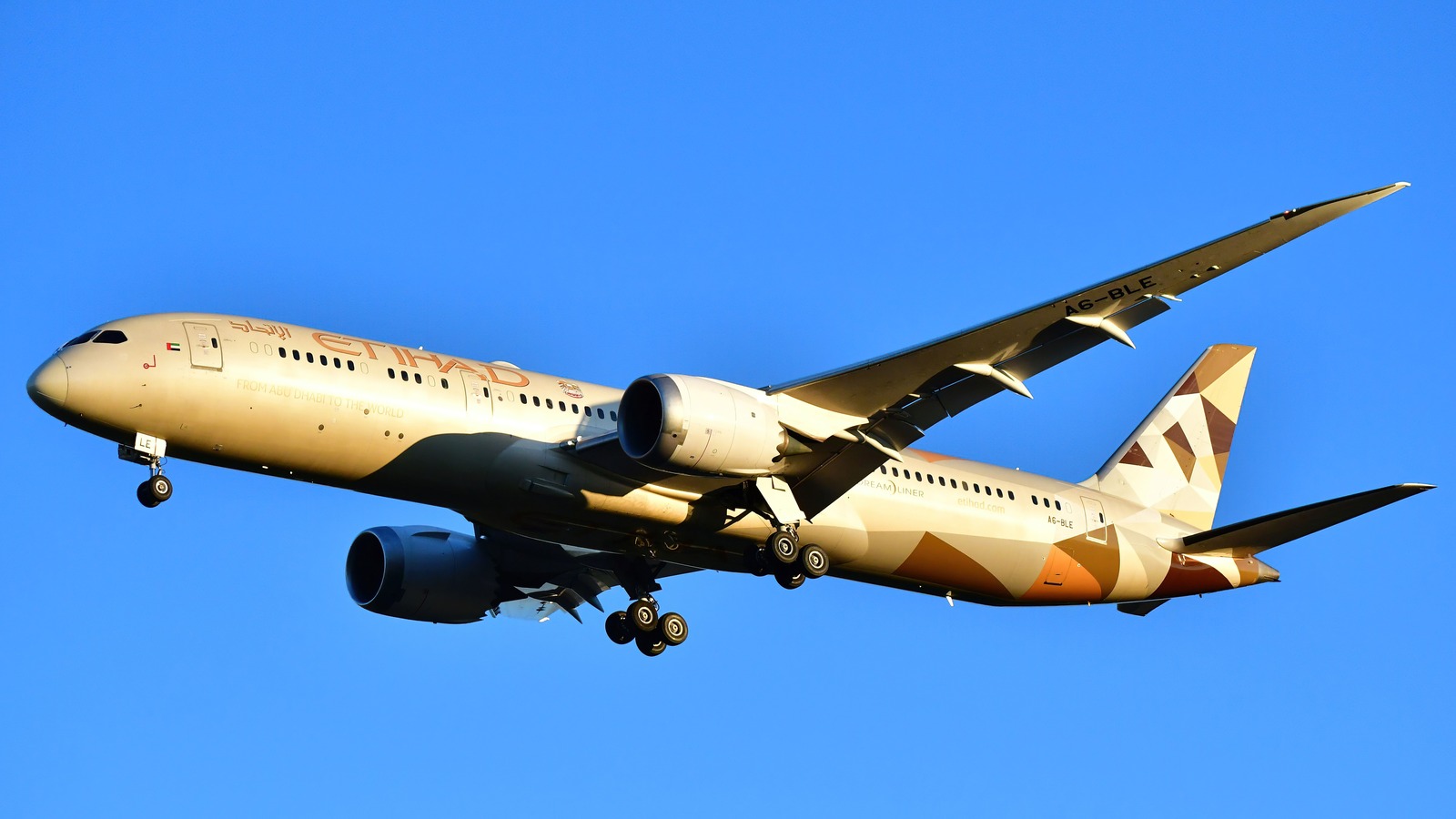 Etihad Airways Boeing 787-9 in Etihad livery on approach with landing gear extended under a clear sky