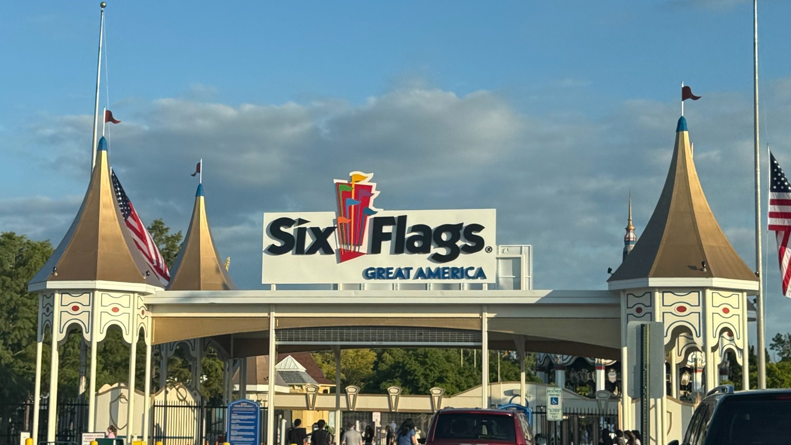 Six Flags Great America's Gurnee entrance in August 2025, shown as park context rather than Oktoberfest event photography