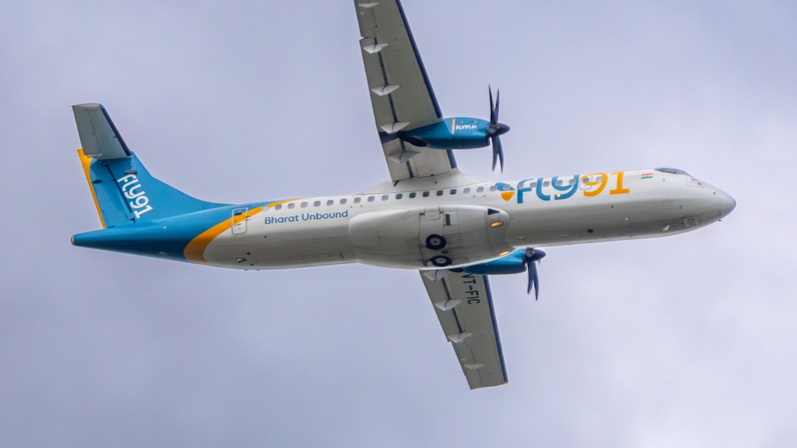 FLY91 ATR aircraft departing Bengaluru in October 2025, illustrating the airline rather than its Tirupati inaugural flight