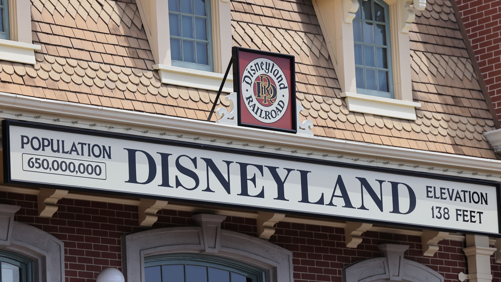 Disneyland sign on the Disneyland Railroad station on Main Street U.S.A. at Disneyland park.