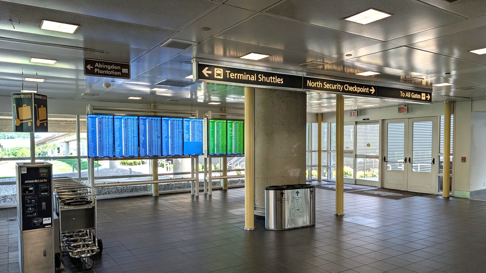 Flight information displays inside Reagan National Airport near Washington
