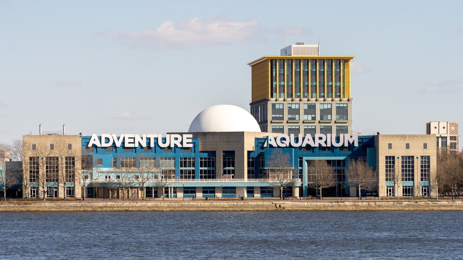 Adventure Aquarium exterior on the Camden waterfront in February 2024, shown as venue context rather than Pumpkin Glow event photography