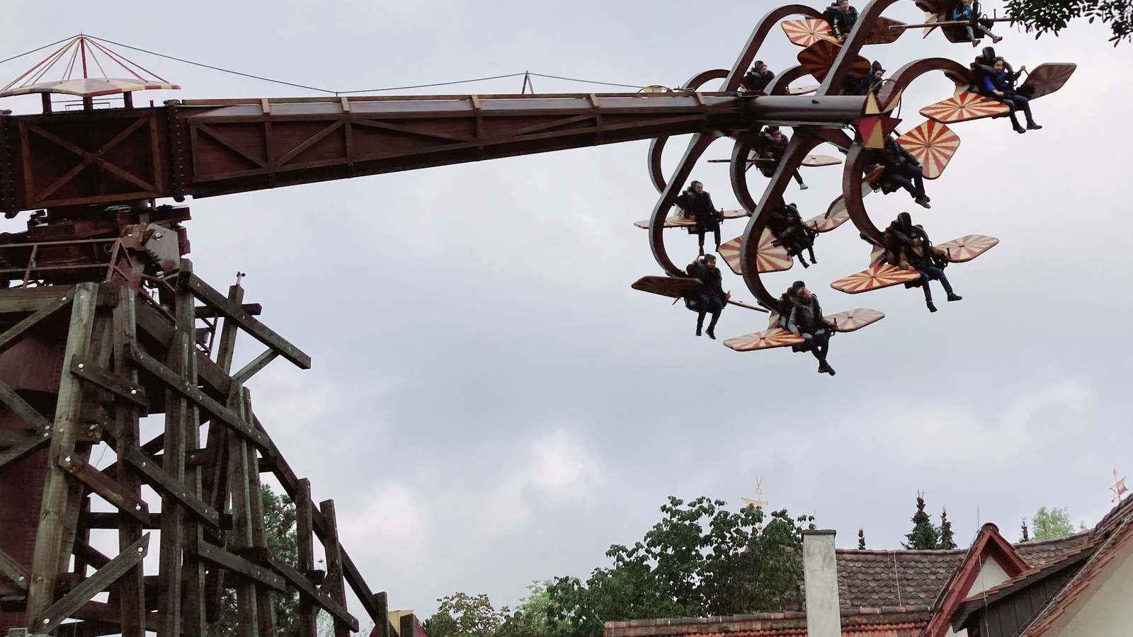 Riders on the Höhenflug ride at Erlebnispark Tripsdrill in Cleebronn in October 2022