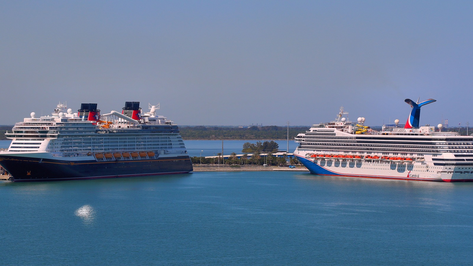 Disney Wish at left and Carnival Freedom at right in Port Canaveral, February 2024 file photograph