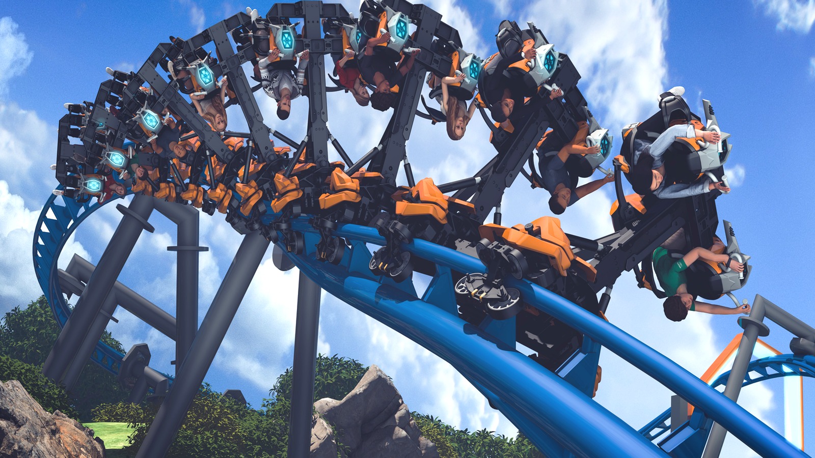 Official concept art of Thrill Glider hovercycle trains inverted on blue track at Six Flags Magic Mountain
