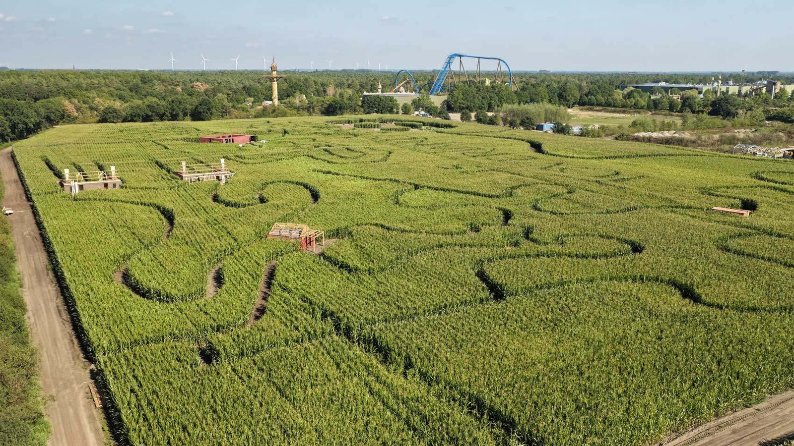 Drone view of Toverland's seven hectare Entwined corn maze beside the park