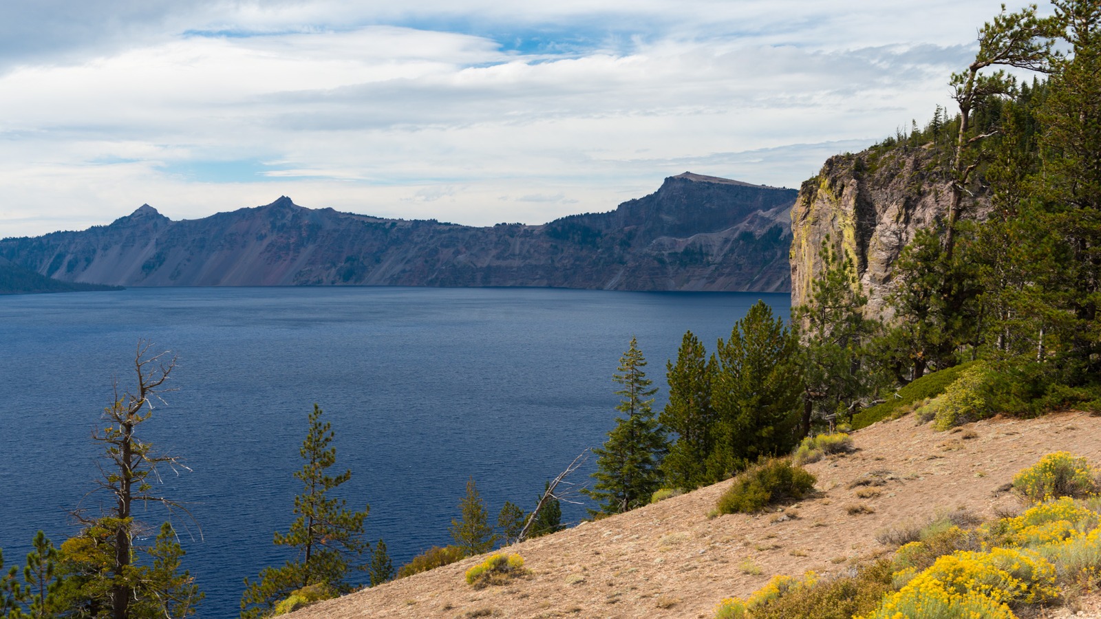 View of Crater Lake and the caldera wall from East Rim Drive in Crater Lake National Park, Oregon