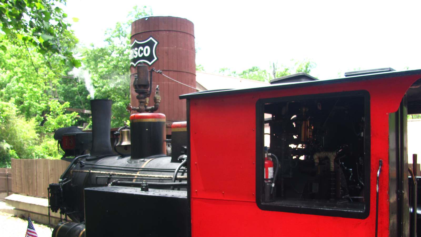 The steam locomotive of the Frisco Silver Dollar Line train at Silver Dollar City in Branson, Missouri