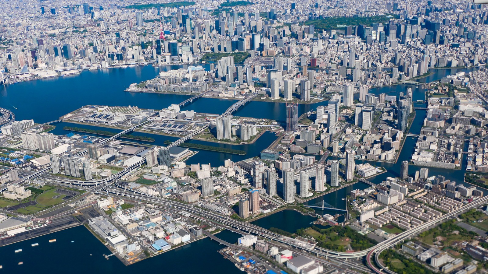 Daytime panoramic view of Tokyo Waterfront City from above Shinkiba district