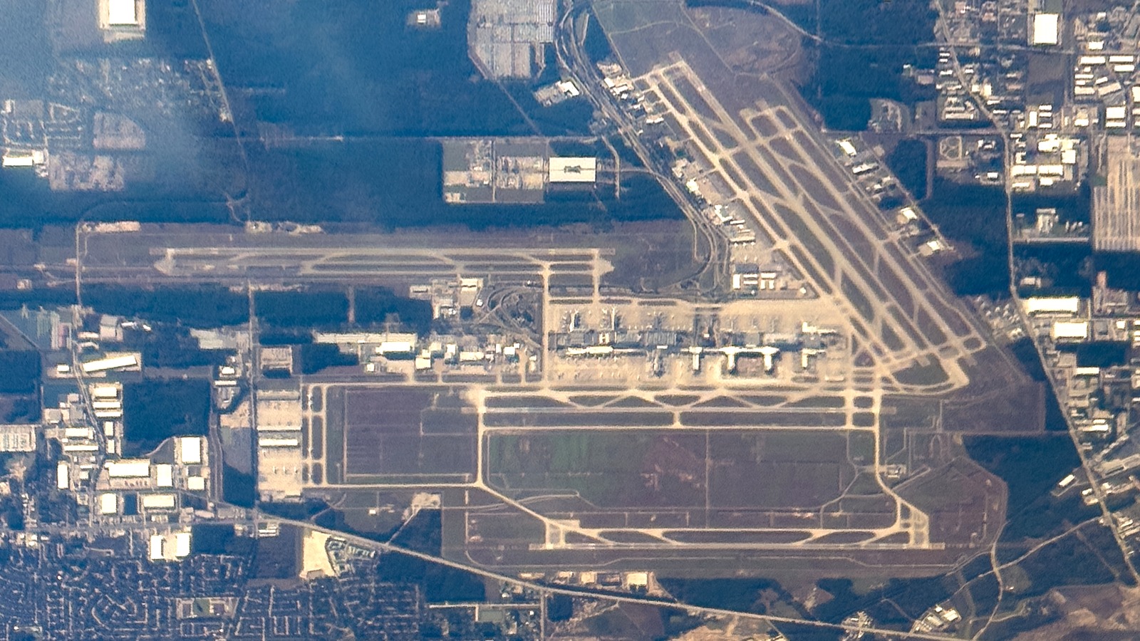 Aerial view of George Bush Intercontinental Airport runways and terminals in Houston, Texas