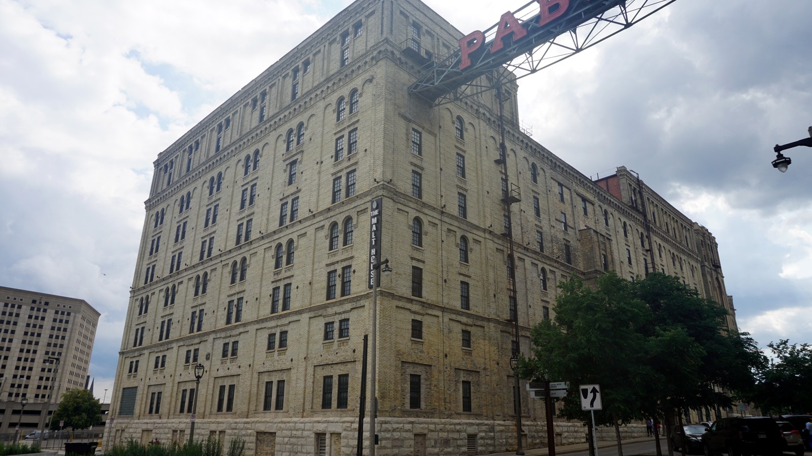 Exterior of the Pabst Brewery Complex Malt House in Milwaukee with the Pabst skybridge sign