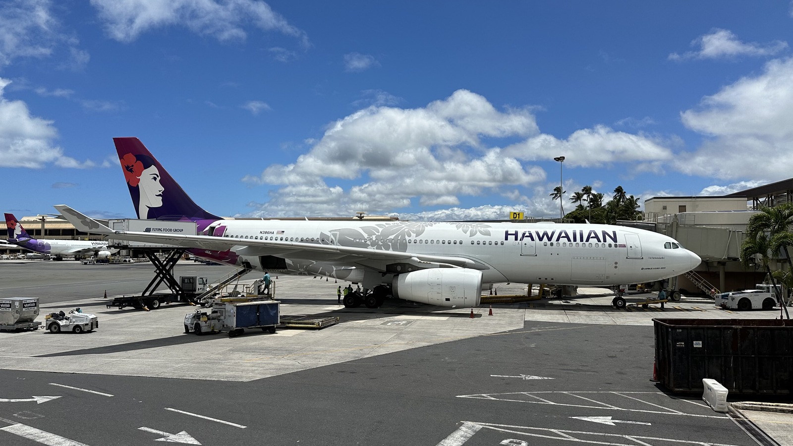 A Hawaiian Airlines Airbus A330-200 parked at a gate at Daniel K. Inouye International Airport in Honolulu with ground equipment alongside.