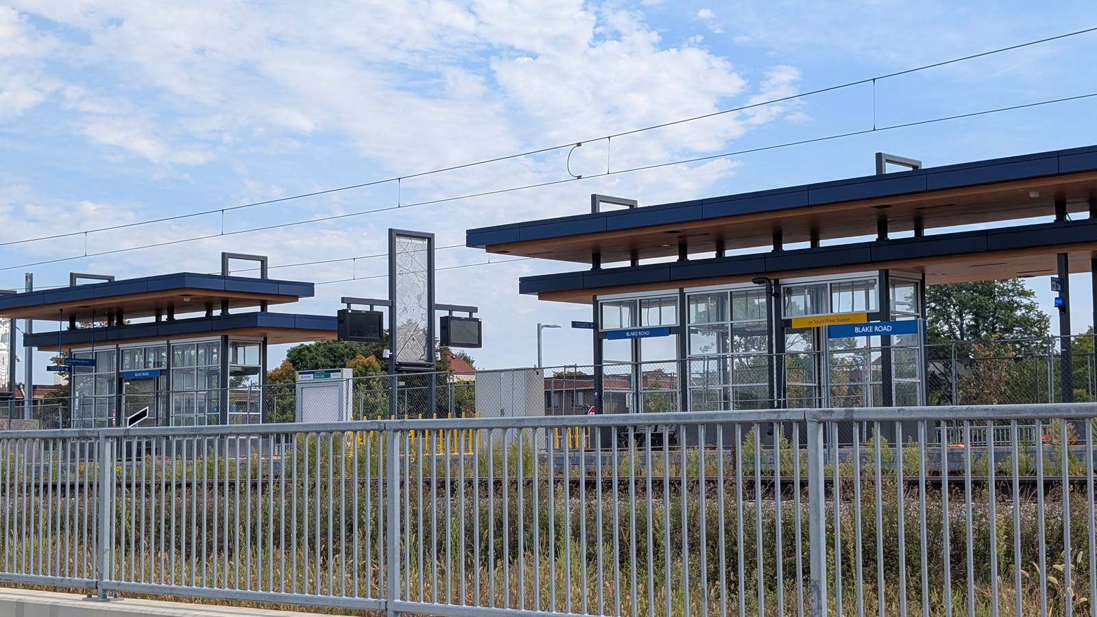 Blake Road station shelters on the Green Line Extension in Hopkins, Minnesota