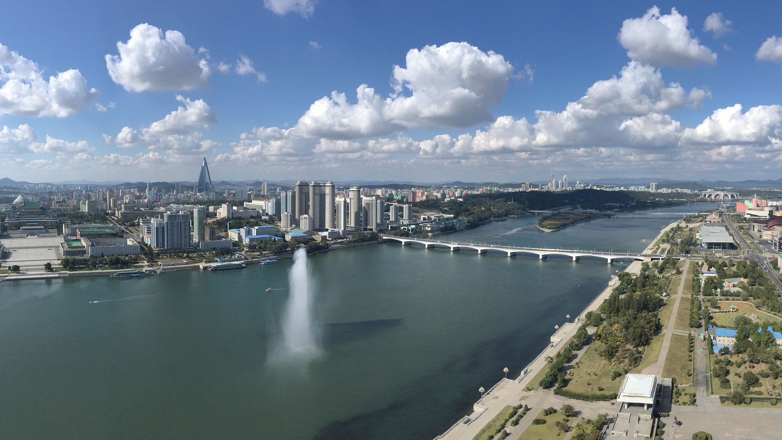 Panoramic daytime view of Pyongyang and the Taedong River in North Korea