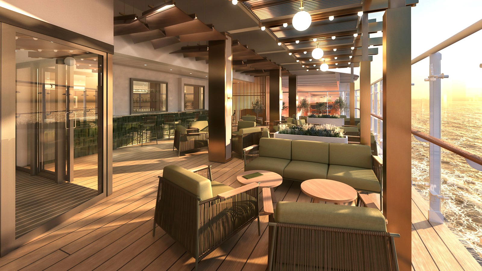 MSC Cruises rendering of The Terraces Bar and Lounge planned for MSC World Asia, with seating and an outdoor sea view