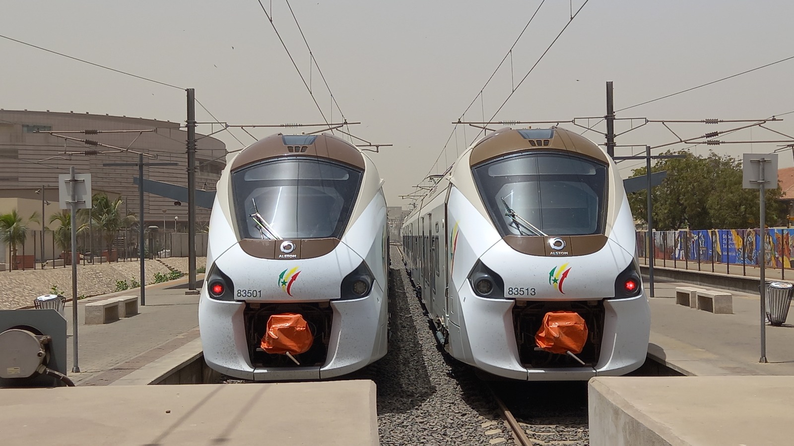 Two Dakar TER Alstom trainsets standing nose to nose at a daylight station platform