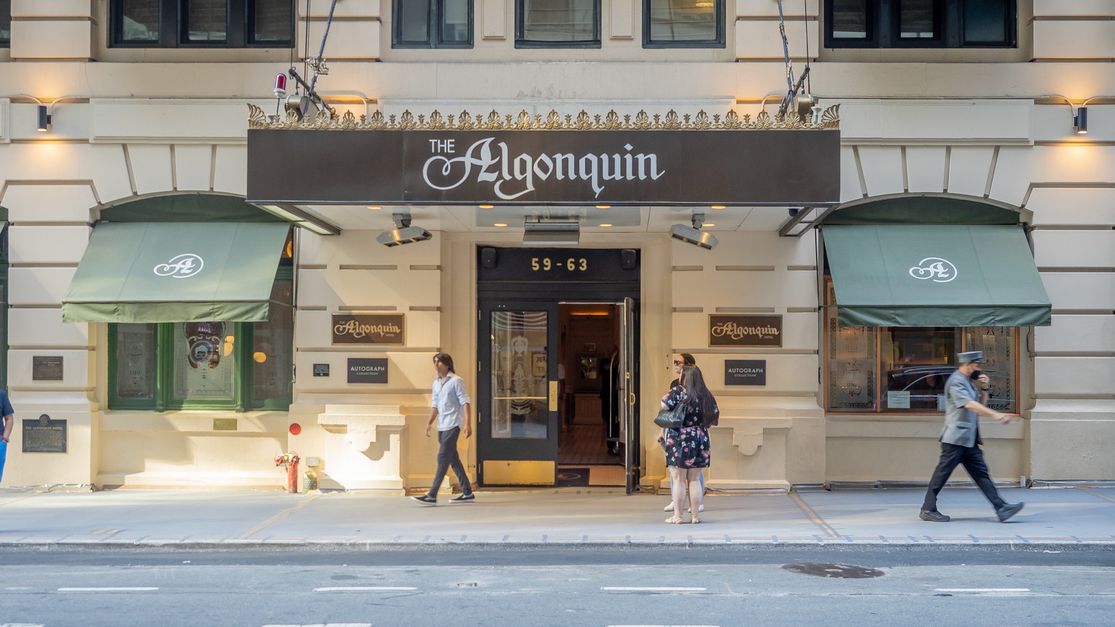 The Algonquin Hotel entrance on West 44th Street in New York in June 2022