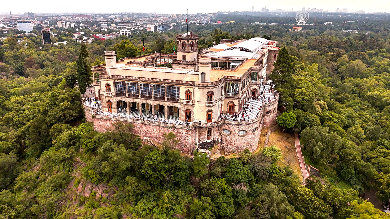 Daytime aerial view of Chapultepec Castle and the surrounding Mexico City park