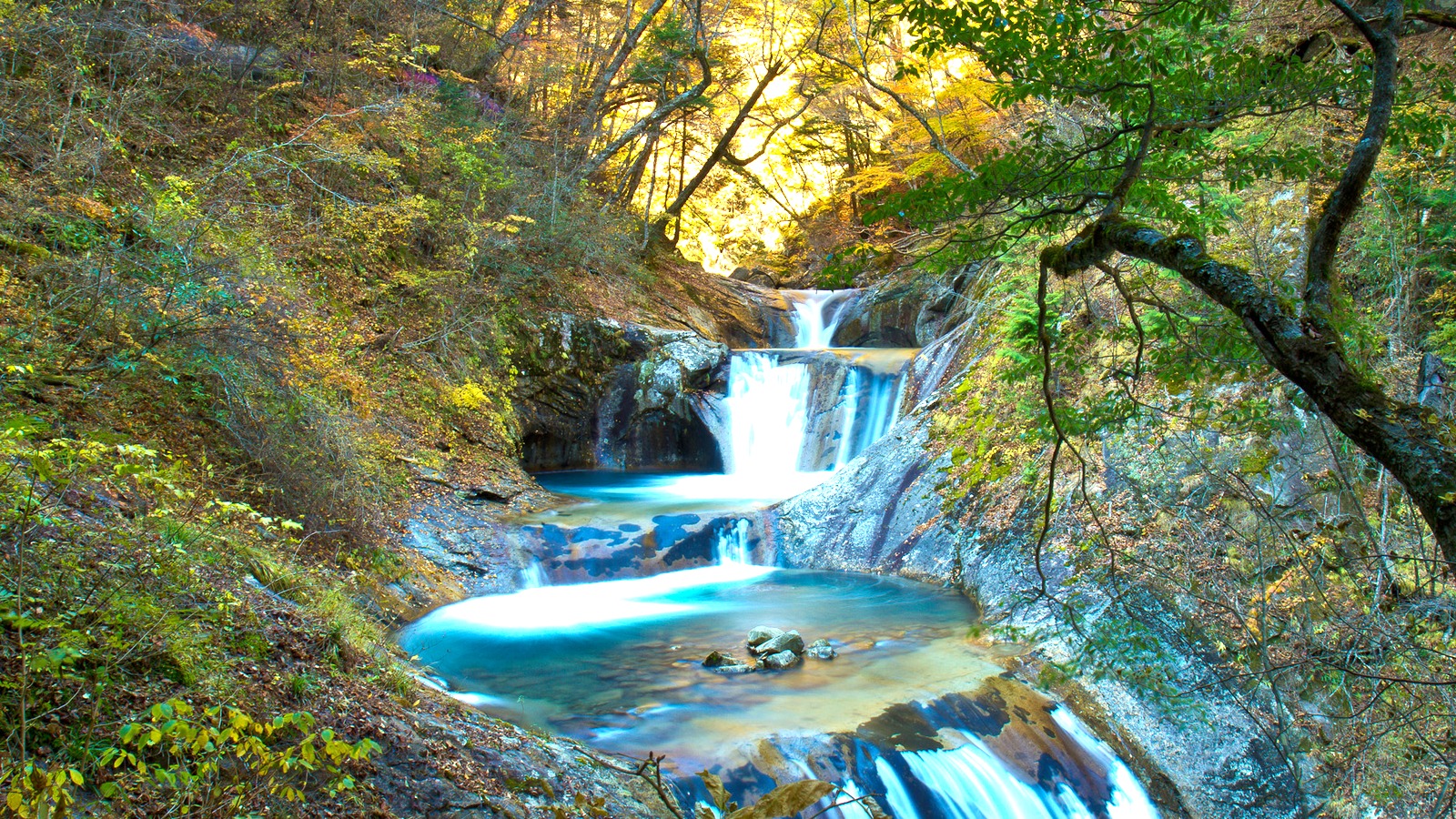 Archival November 2010 view of waterfalls in Nishizawa Gorge, not the September 2026 flooding