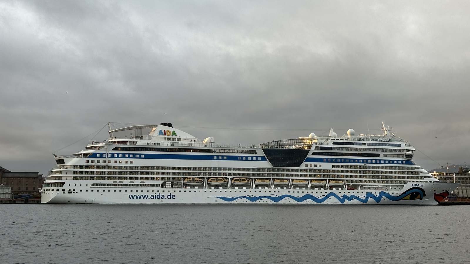 The cruise ship AIDAmar docked in Oslo harbour in November 2025