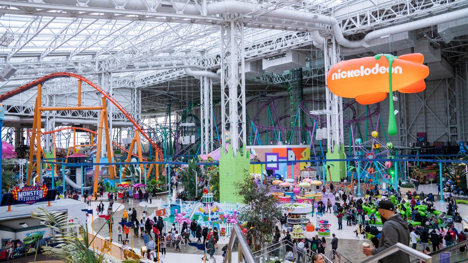 Indoor Nickelodeon Universe at American Dream in East Rutherford, New Jersey, with roller coasters under a glass roof.