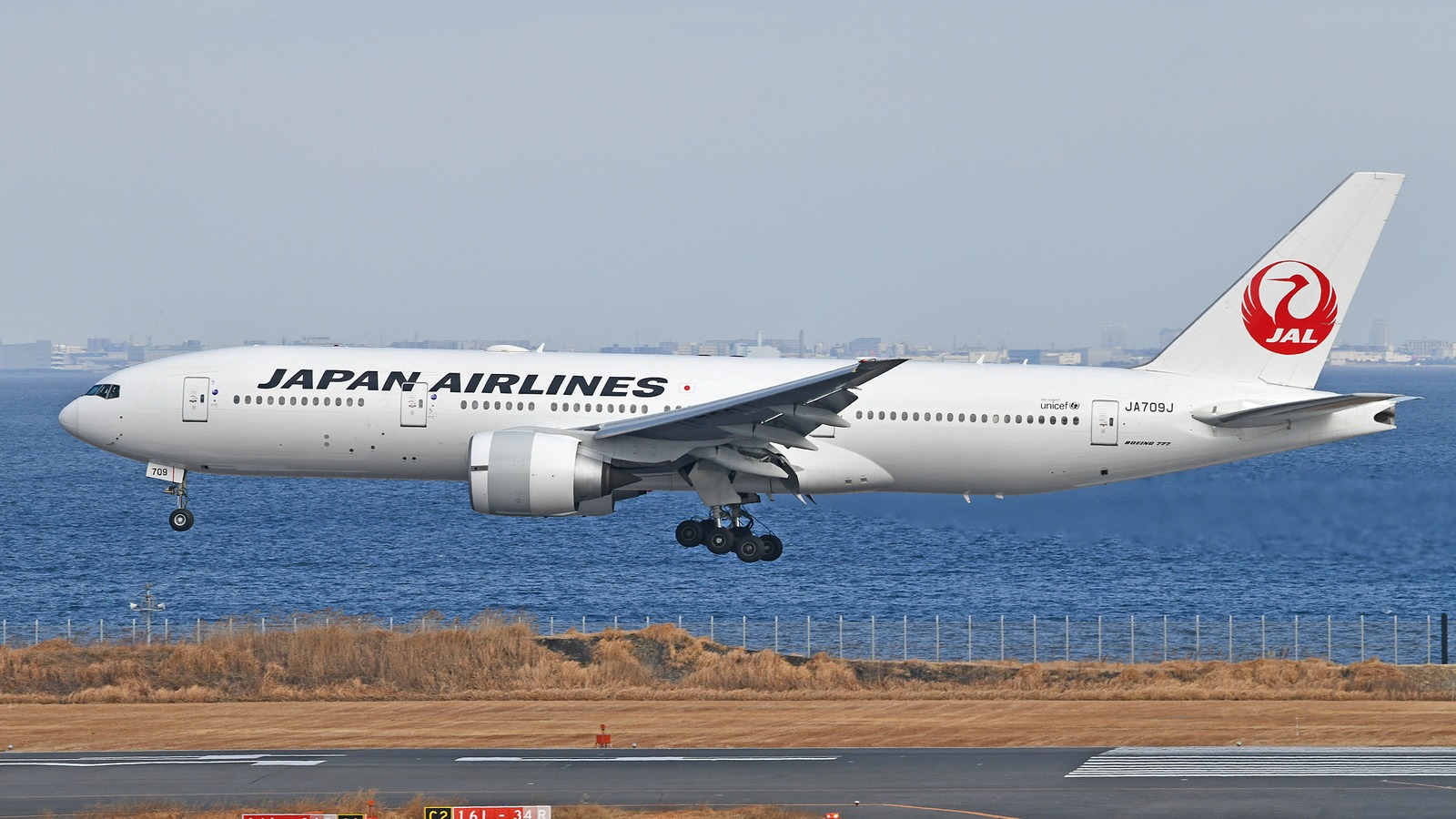 Japan Airlines Boeing 777 in JAL livery landing at Tokyo Haneda in daylight