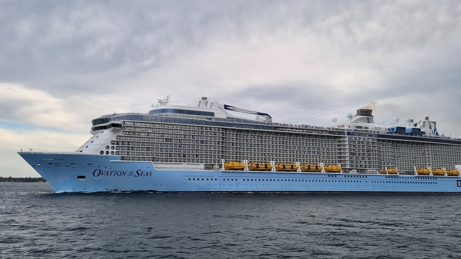 Ovation of the Seas exterior in Sydney in February 2025, before its 2026 refurbishment and Los Angeles return