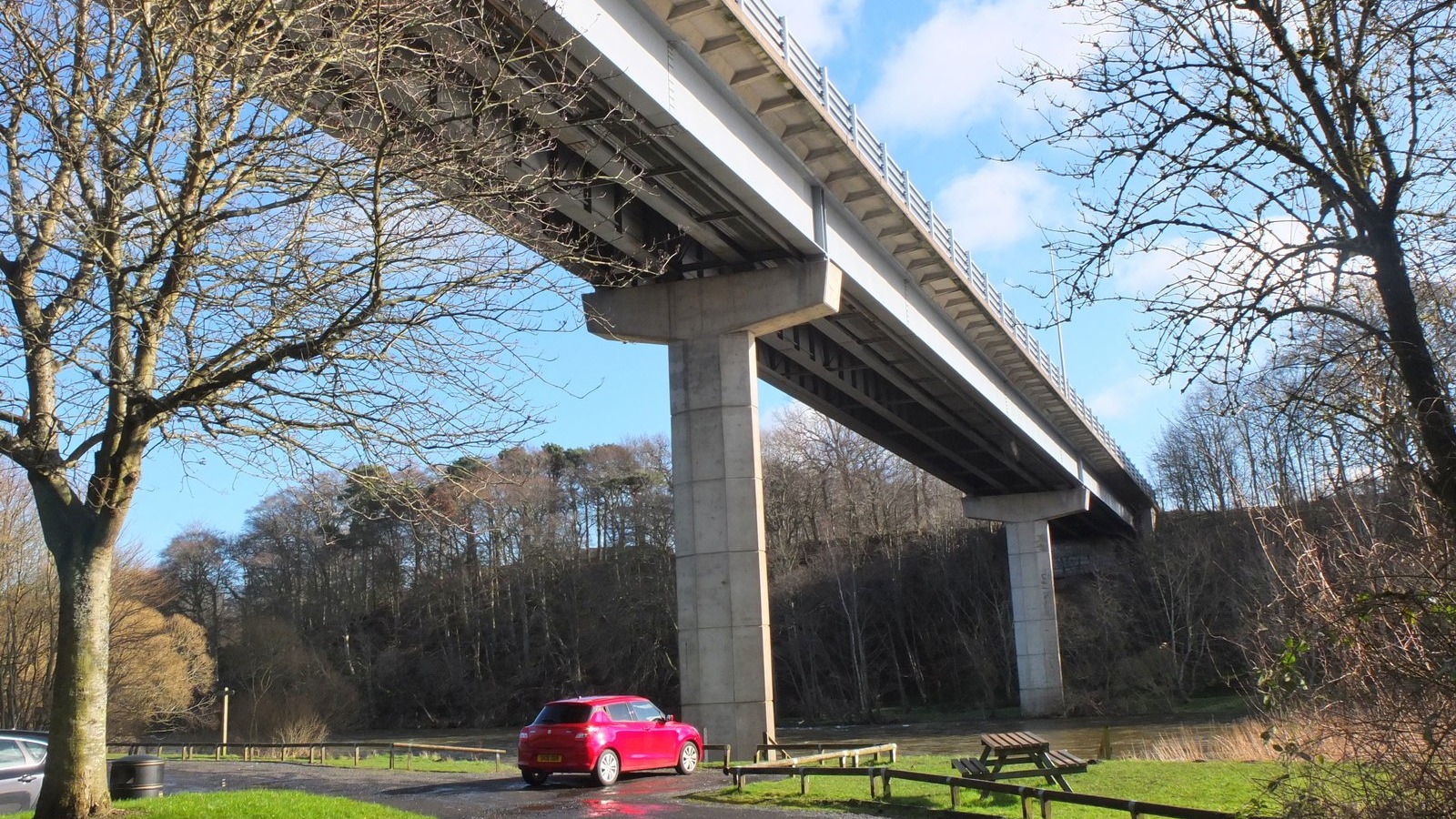 Galafoot Bridge carrying the A6091 over the River Tweed at Galashiels, seen from the riverside car park.