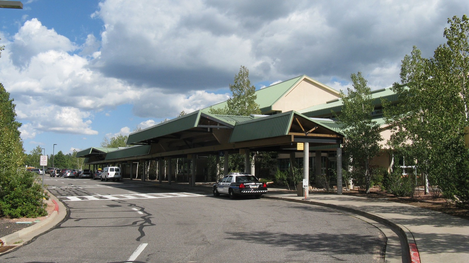 Flagstaff Pulliam Airport terminal curb and canopy in Flagstaff, Arizona