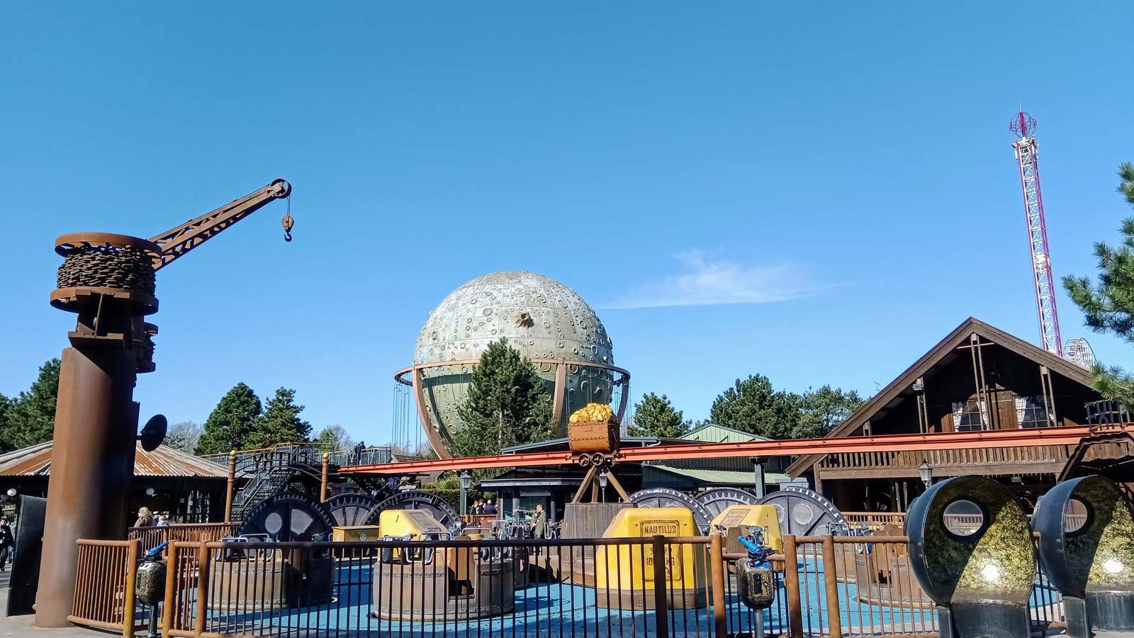 Themed rides and a drop tower at Attractiepark Slagharen in the Netherlands in April 2025