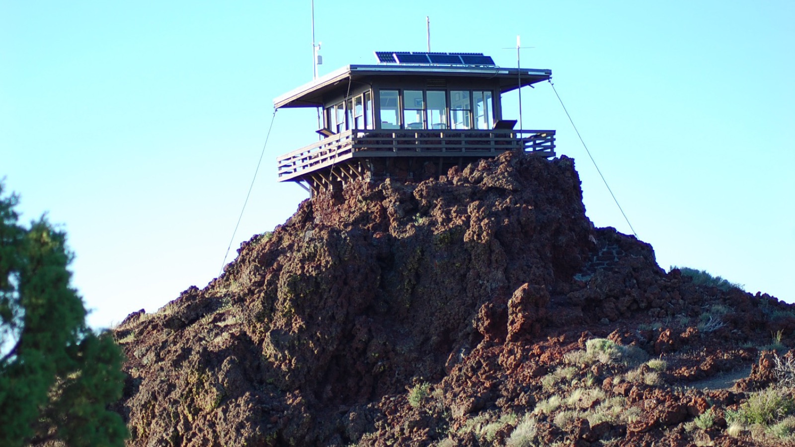 Historic fire lookout atop the rocky summit of Schonchin Butte at Lava Beds