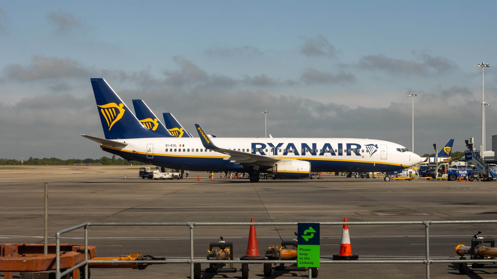 Ryanair Boeing 737 aircraft and airline tails at London Stansted Airport