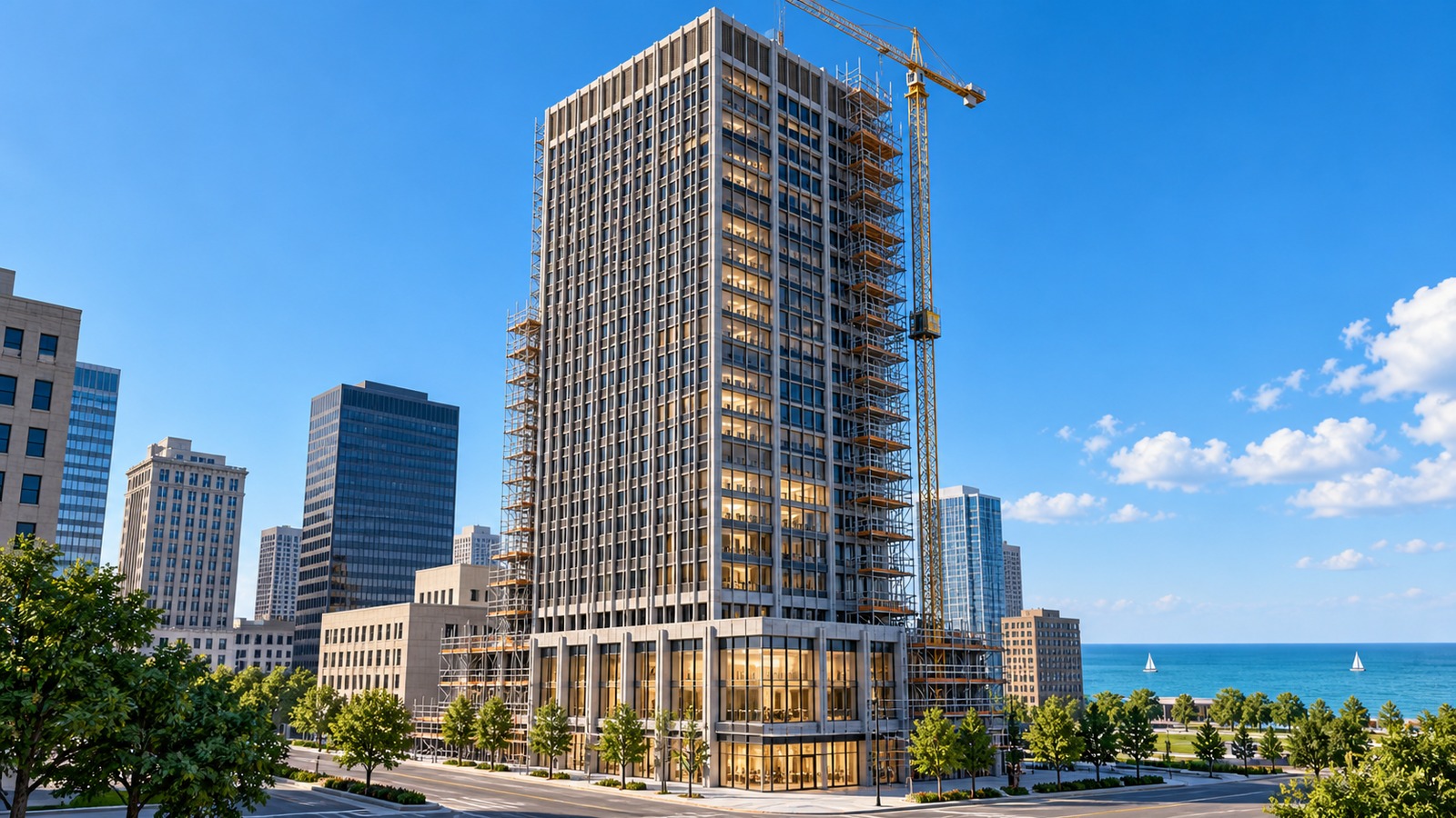 Original illustration of a tall downtown tower undergoing conversion beside Lake Erie