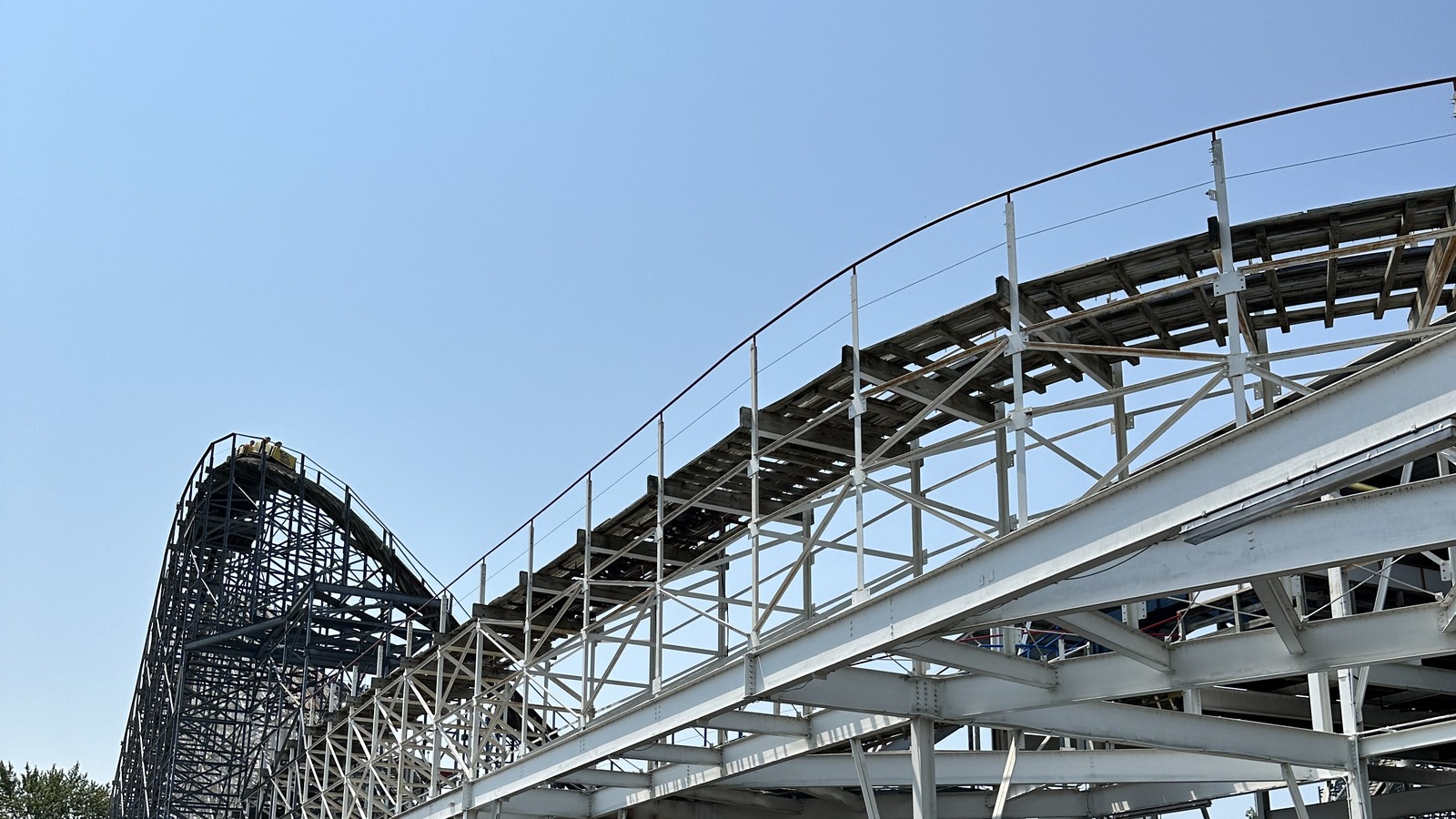 Coaster tracks and wooden support structures at Indiana Beach in Monticello, July 2024 file photograph