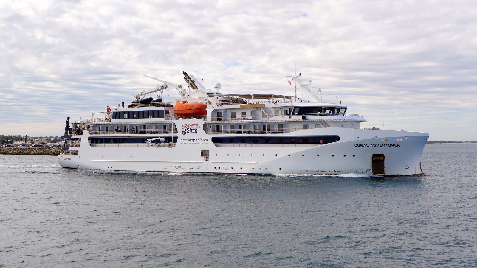 Coral Adventurer departing Fremantle Harbour in March 2023