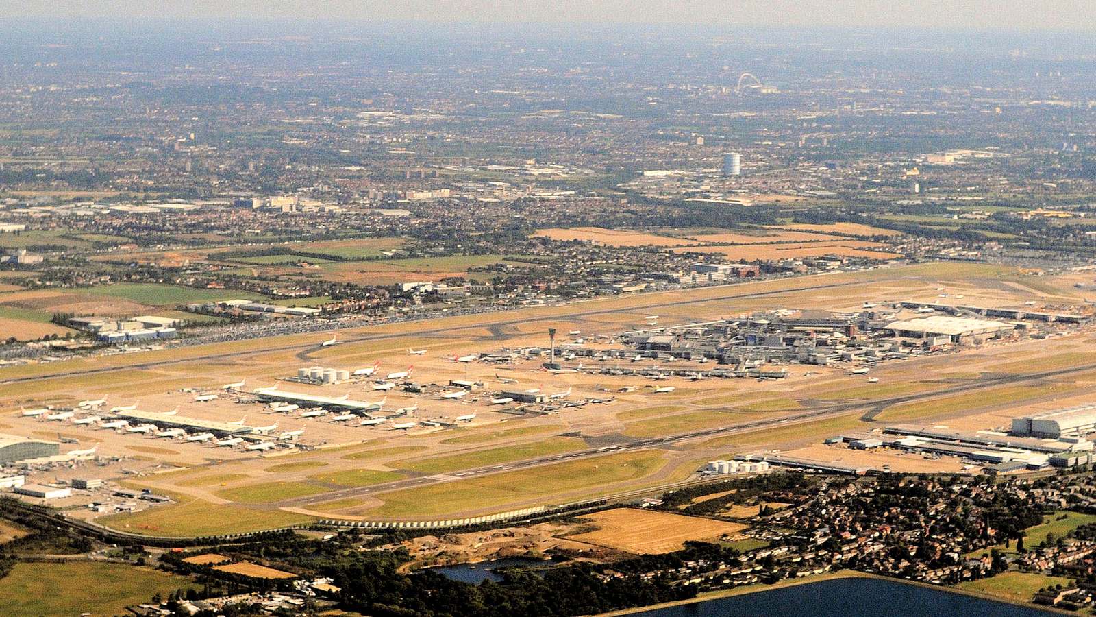 Aerial view of Heathrow Airport's two runways and terminals west of London