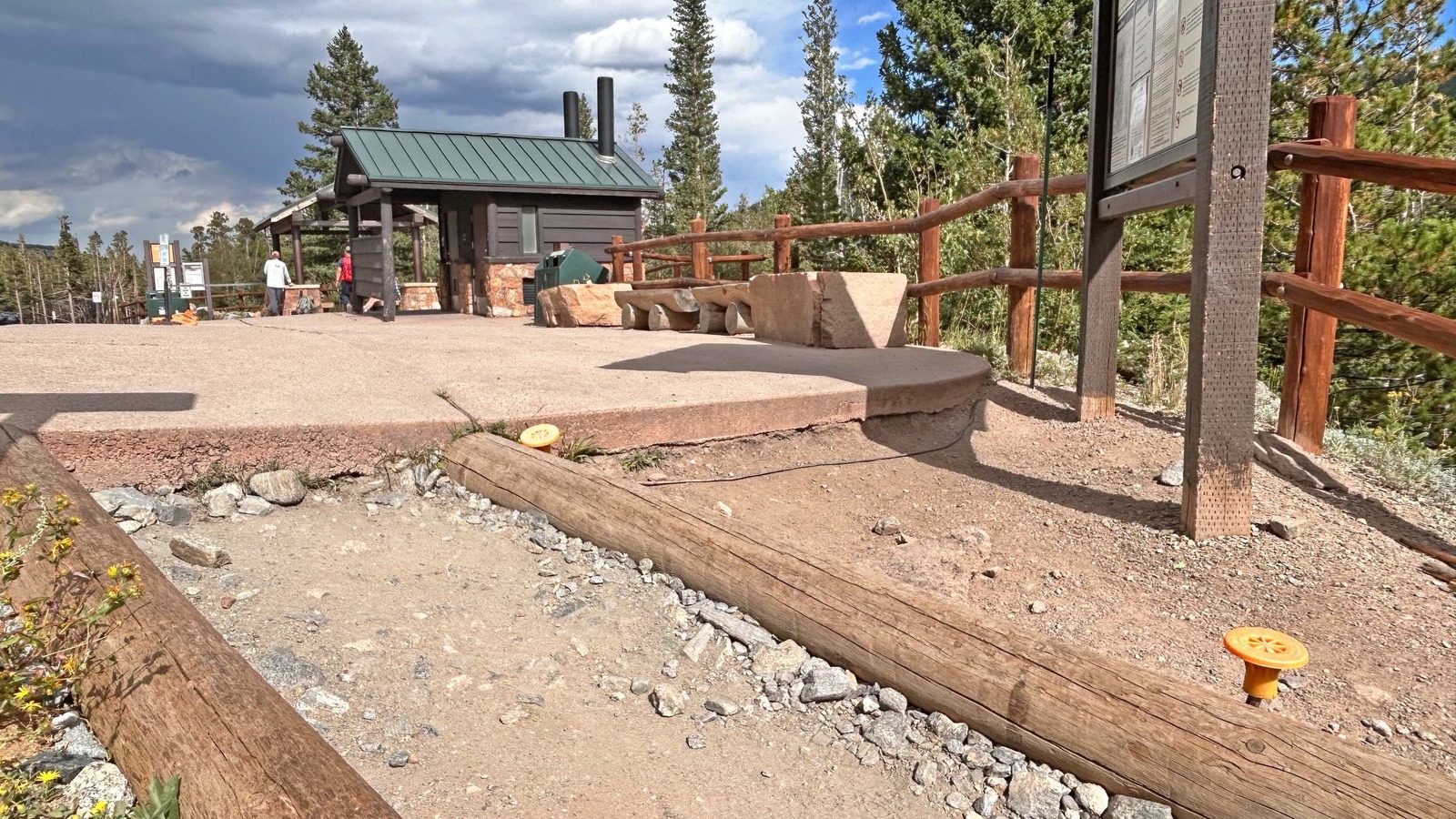 Erosion beside the Glacier Gorge trailhead kiosk and plaza, shown in Rocky Mountain National Park's repair announcement