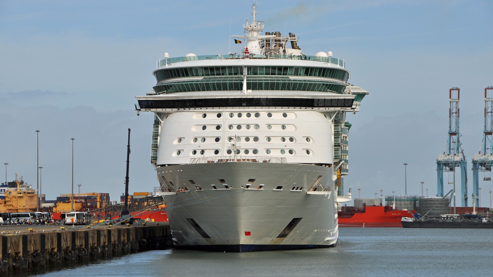 Independence of the Seas docked bow-on at a commercial port in Zeebrugge, Belgium
