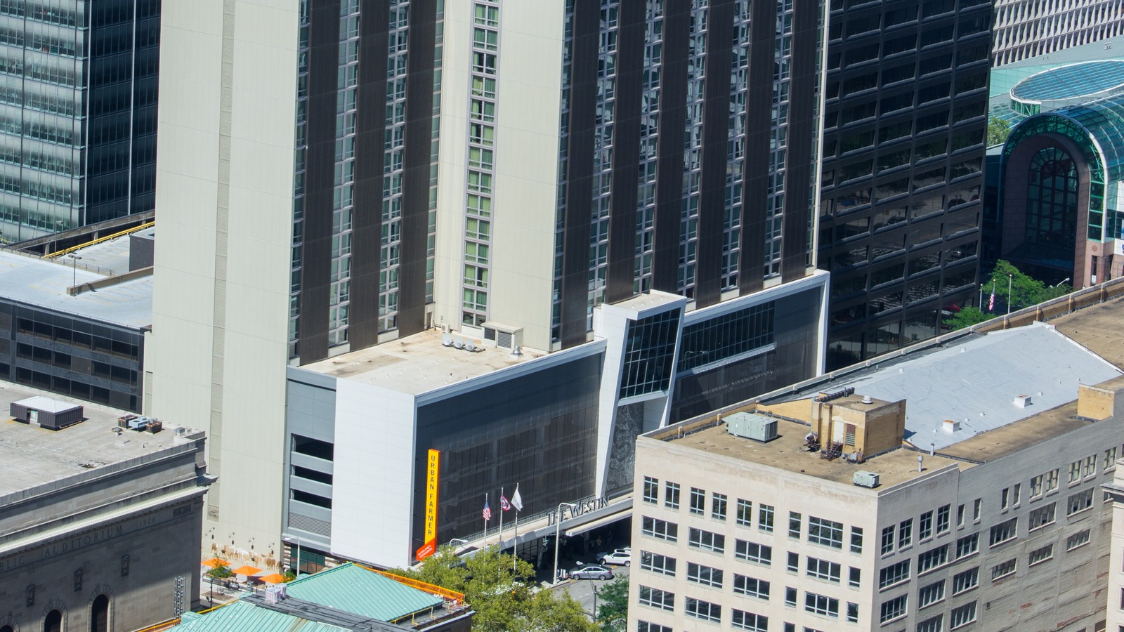 Exterior of The Westin Cleveland Downtown with the hotel sign visible above the entrance