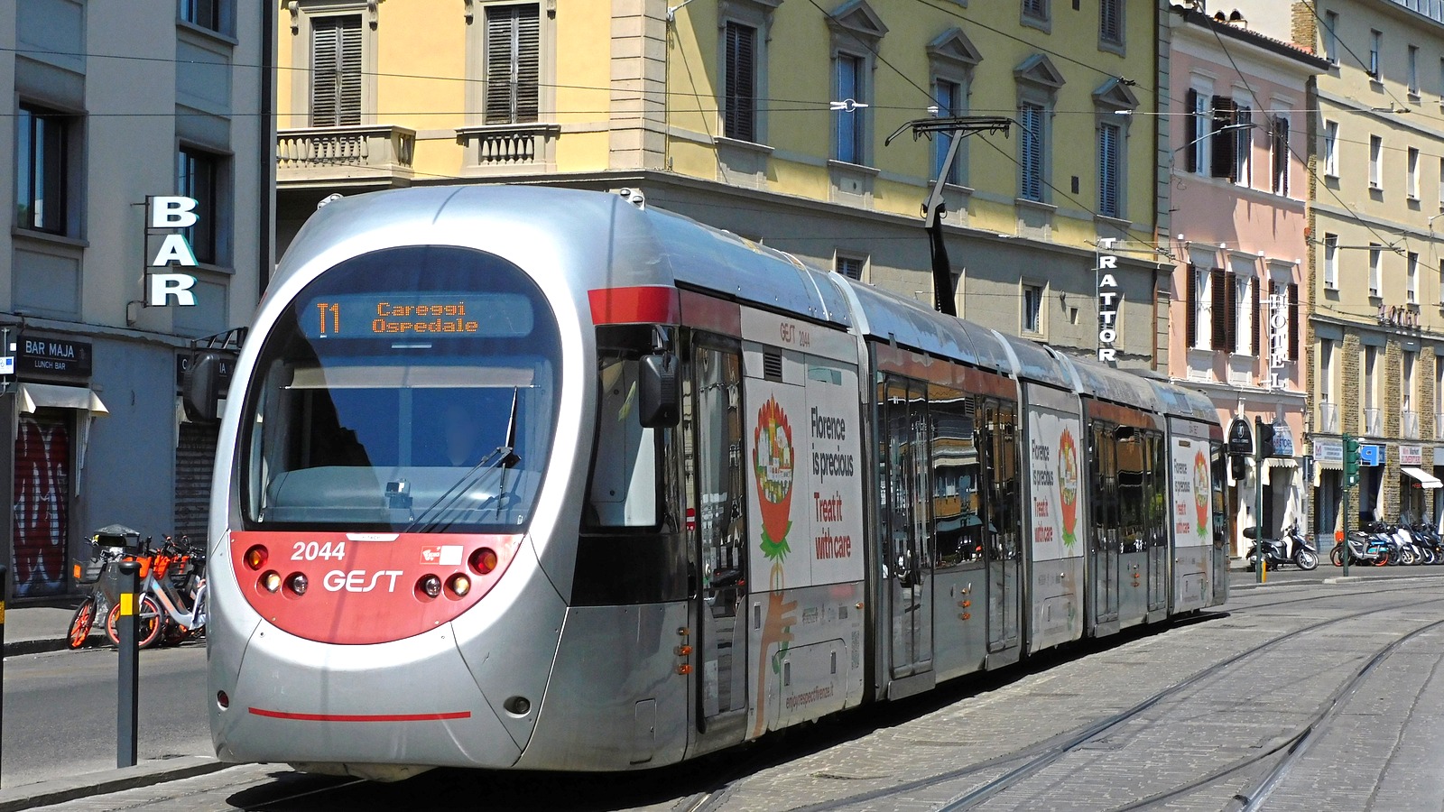 GEST tram 2044 on T1 near Alamanni Stazione in Florence in August 2026, a file image of the city tram system