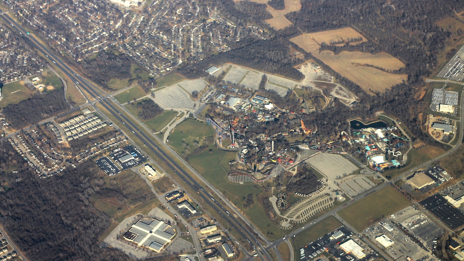 Worlds of Fun and Oceans of Fun in a December 2017 aerial file photograph, not the 2026 Oktoberfest event