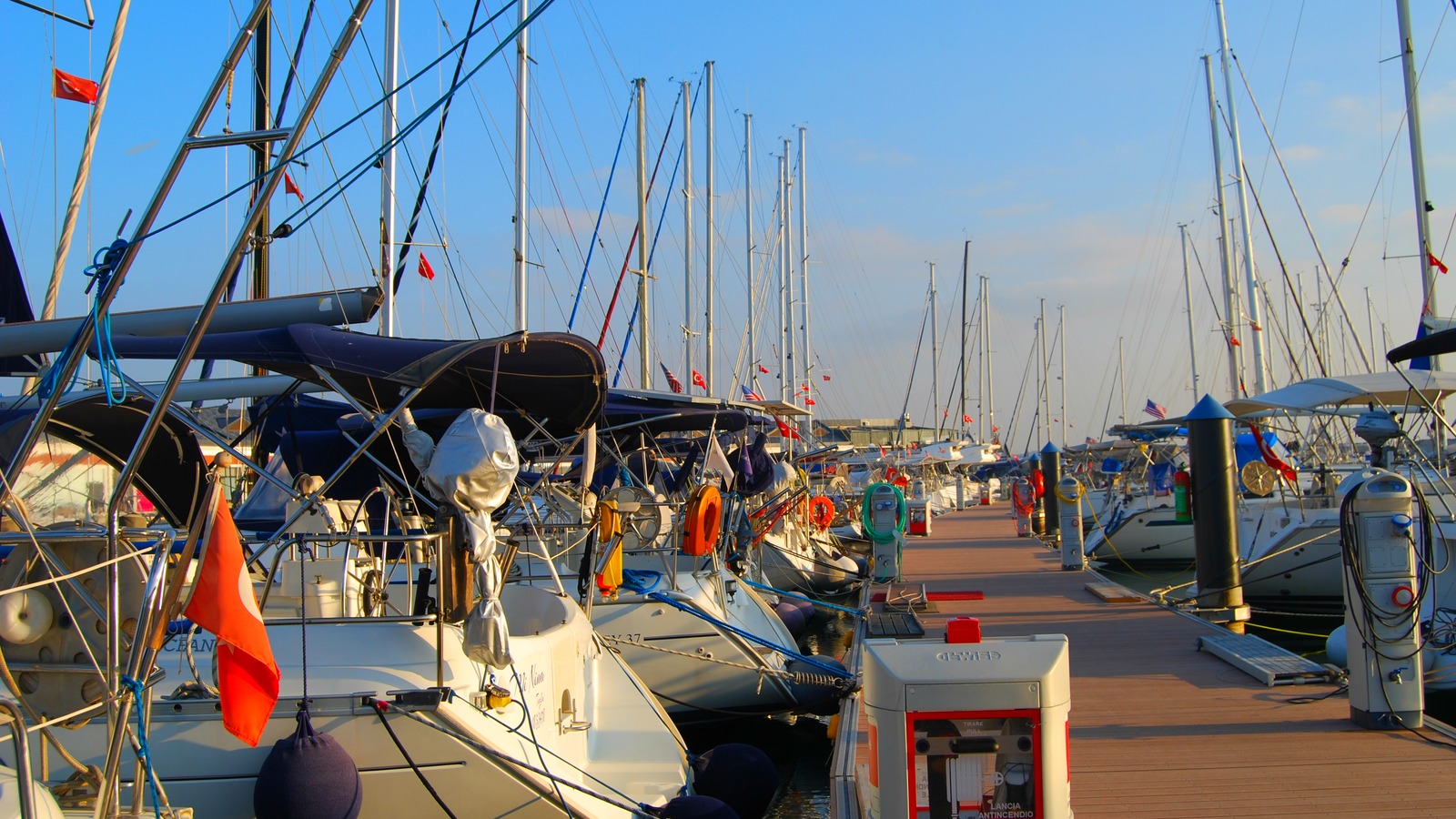 Boats moored at Viaport Marina in Tuzla, Istanbul under a clear sky