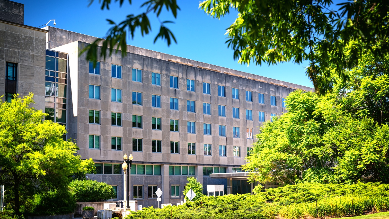 Exterior of the Harry S. Truman Building, headquarters of the U.S. Department of State in Washington, D.C., photographed on a clear day