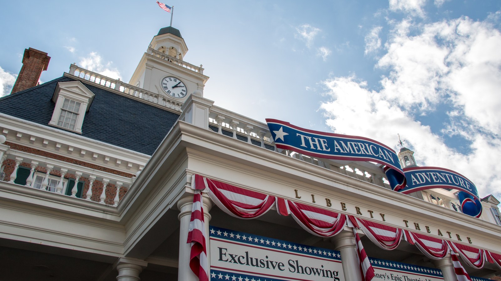 The American Adventure pavilion at EPCOT, the World Showcase pavilion that fronts the America Gardens Theatre where the Candlelight Processional is staged