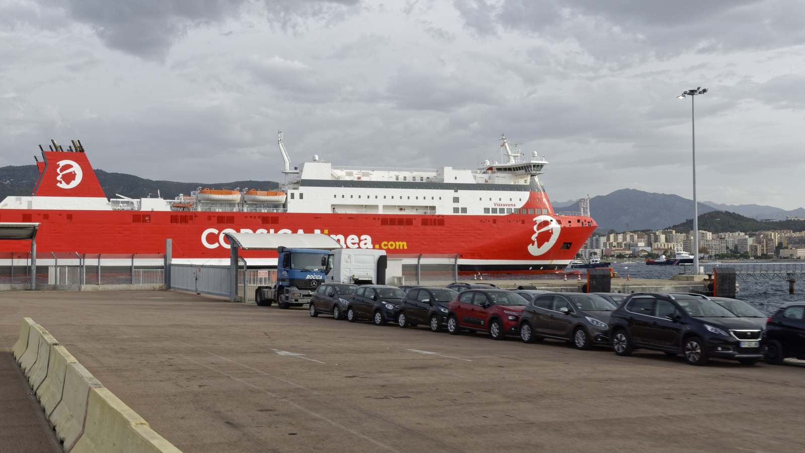 Corsica Linea ferry Vizzavona moored at the port of Ajaccio, Corsica, under a cloudy sky