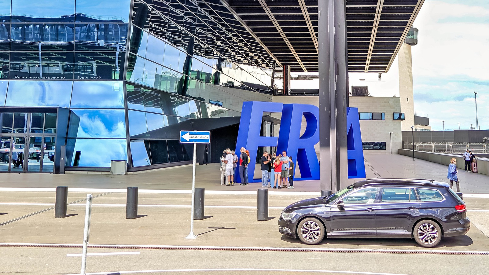 Frankfurt Airport Terminal 3 exterior and FRA lettering photographed in July 2026