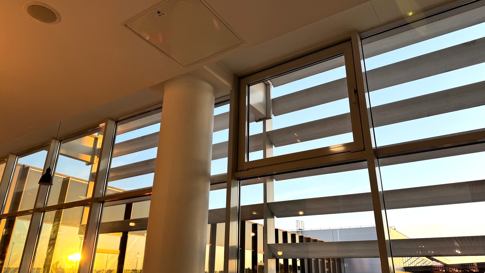 Terminal interior windows at Vilnius Airport at sunrise
