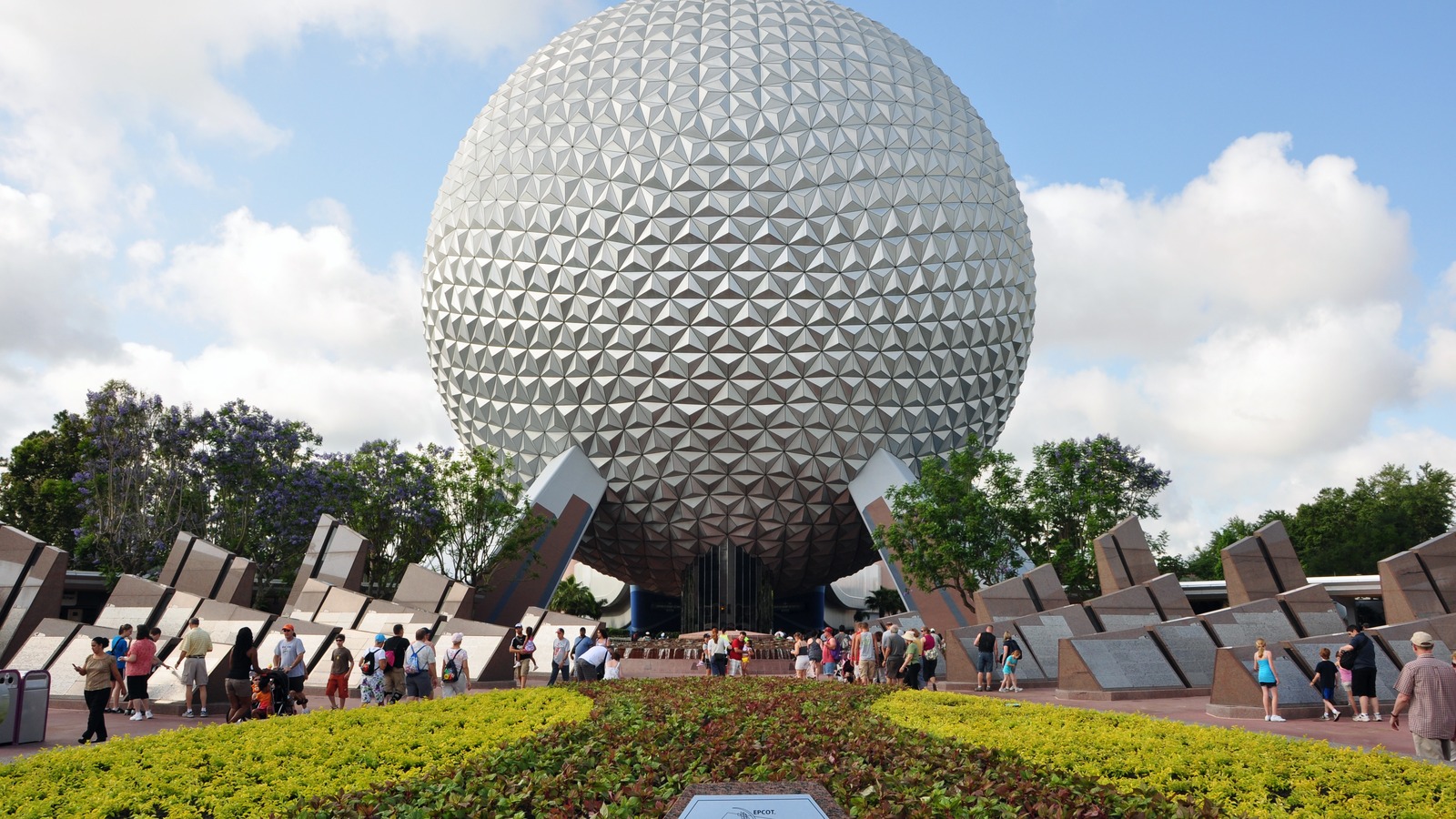 Spaceship Earth, the geodesic sphere at the entrance of EPCOT in Walt Disney World, under a blue daytime sky